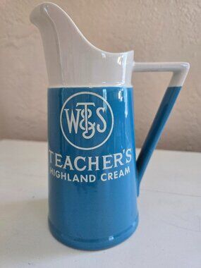 Vintage Hall China Teacher's Highland Cream Scotch Whiskey Pitcher Blue/White